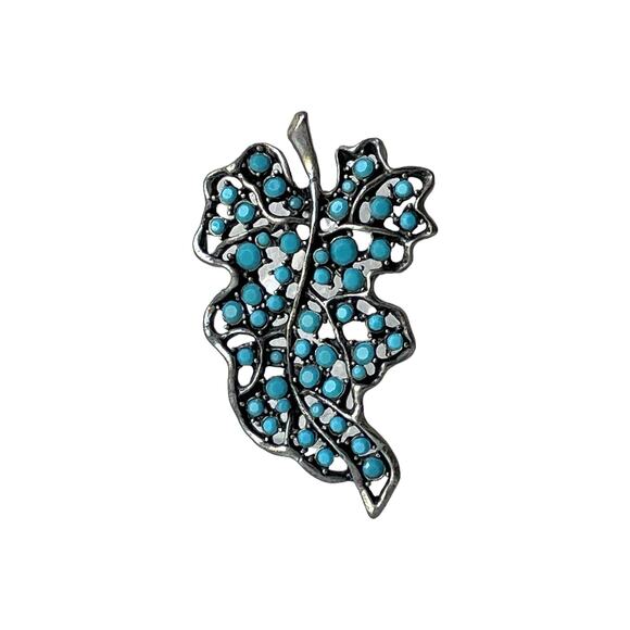 1870s Silver Tone Filgree Faceted Turquoise Round Glass Cabs Leaf Pin Brooch - Picture 3 of 3